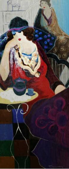 Itzchak Tarkay Portraiture Tired At Tea Embellished 1998 IT309